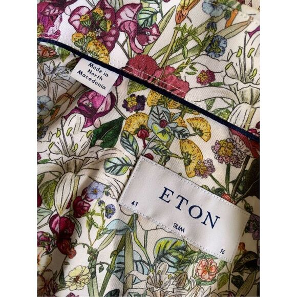 Eton Purple Floral Print Signature Twill Button Shirt‎ Size 16 Slim Fit - Picture 8 of 12